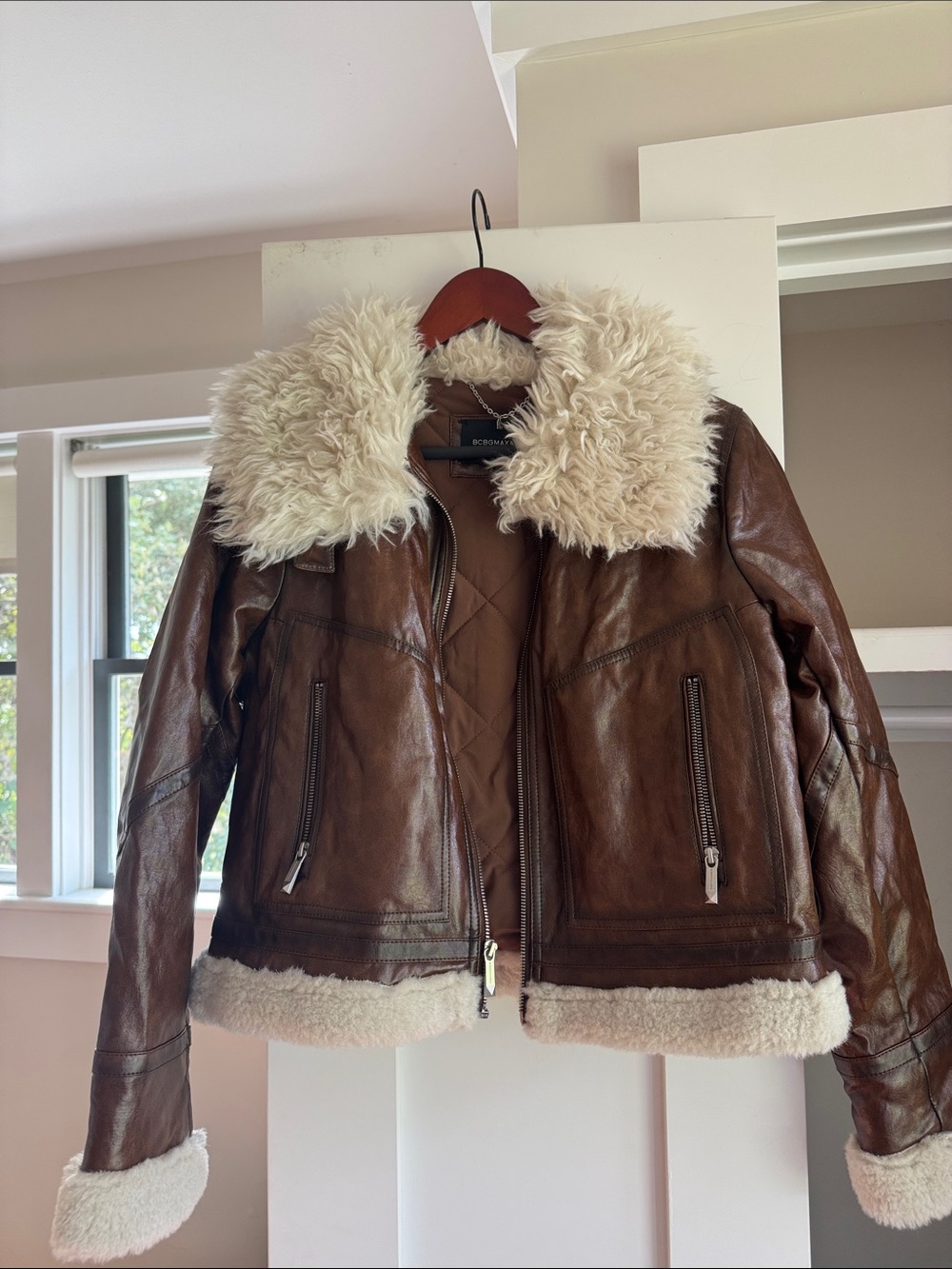 BCBGMaxAzria Brown Leather Bomber Jacket with Cream Shearling Trim